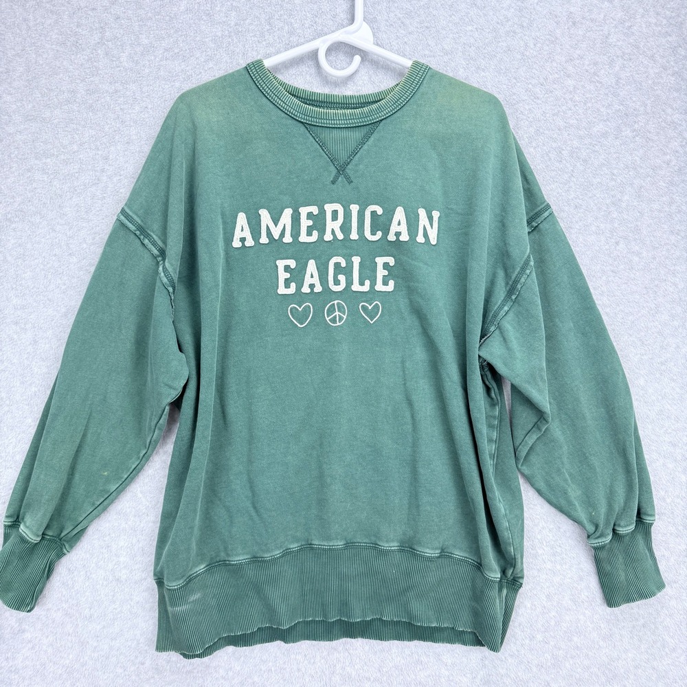 American Eagle Sweatshirt Women M Green Graphic Pullover Oversized Boho